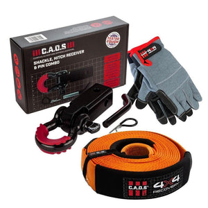CAOS RECOVERY 8T Snatch + Shackle & Hitch Receiver + Recovery Gloves